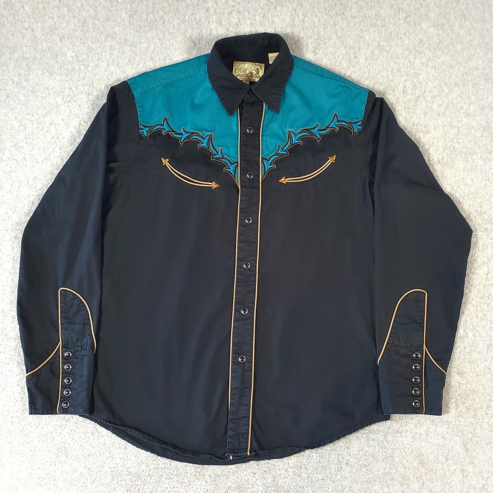 Vintage Roper Western Snap Shirt Men's Med Black Teal Embroidered Smile Pockets